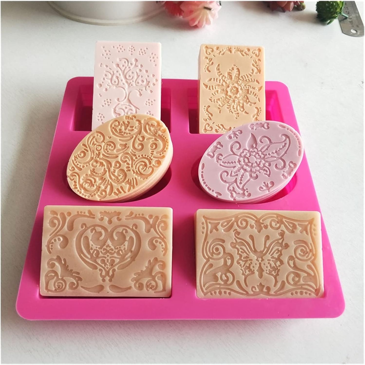 YEJIANGHUA 6ホールオーバル長方形シリコン石鹸金型 DIY.フラワープリント石鹸作りツールフォンダンケーキ飾る家の浴室石鹸