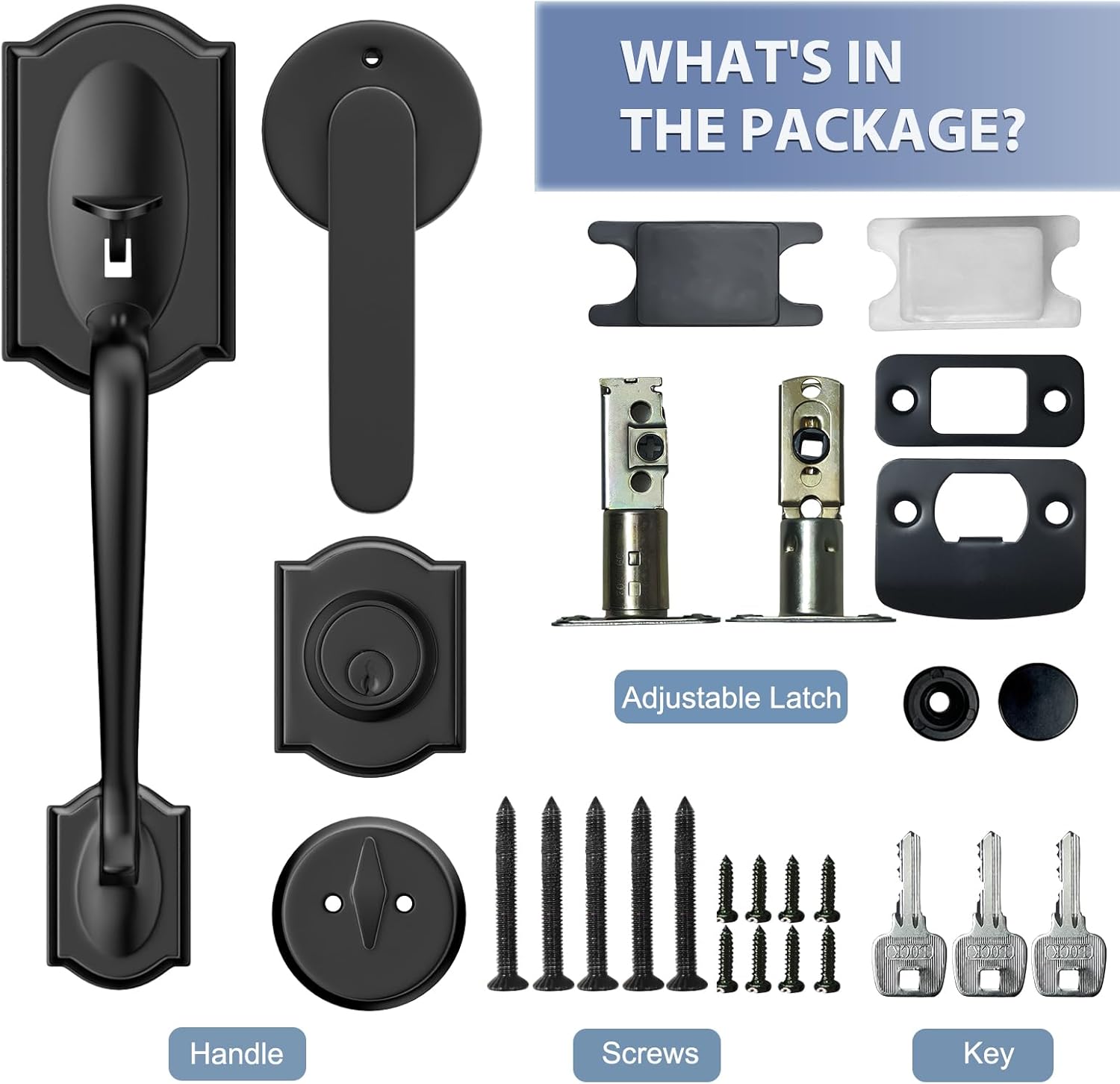 Front Door Handle and Deadbolt Set, Front Door Lock Set, Entry Door Handleset Adjustable Bottom, Exterior Door Lock Set, Reversible Lever for Front Door/Entrance, Matte Black