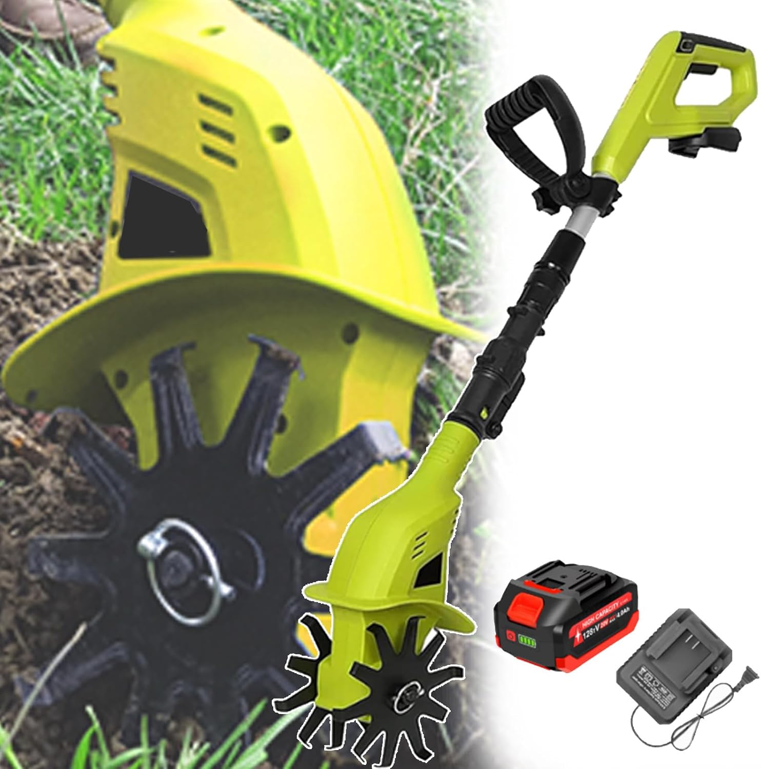 Rotavator, Garden Tiller with Rechargeable Lithium Battery and Charger, tilling Width 10 cm, Working Depth 25 cm, Electric Rotary Tiller, Garden Farm