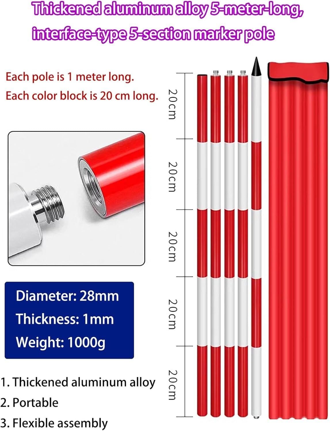 Cinta métrica Ligera Encuesta de Aluminio Poste for la medición de la construcción de la inspección del Sitio y de la ingeniería | 78.7 inch