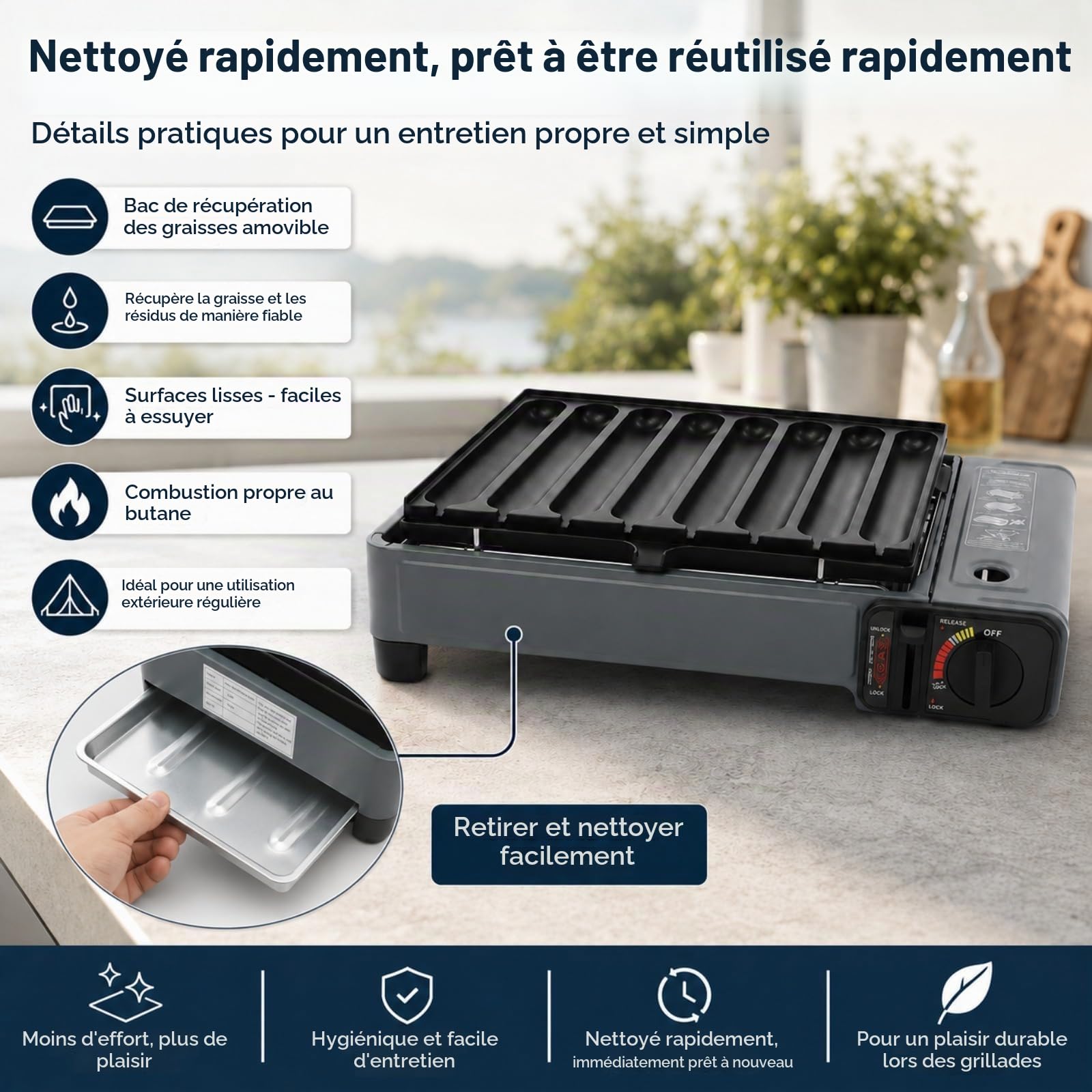 Barbecue à gaz butane portable 2,2 kW, réchaud à gaz de camping avec plaque de gril pour 8 saucisses et mallette de transport, allumage piézo, protection contre la surpression pour camping