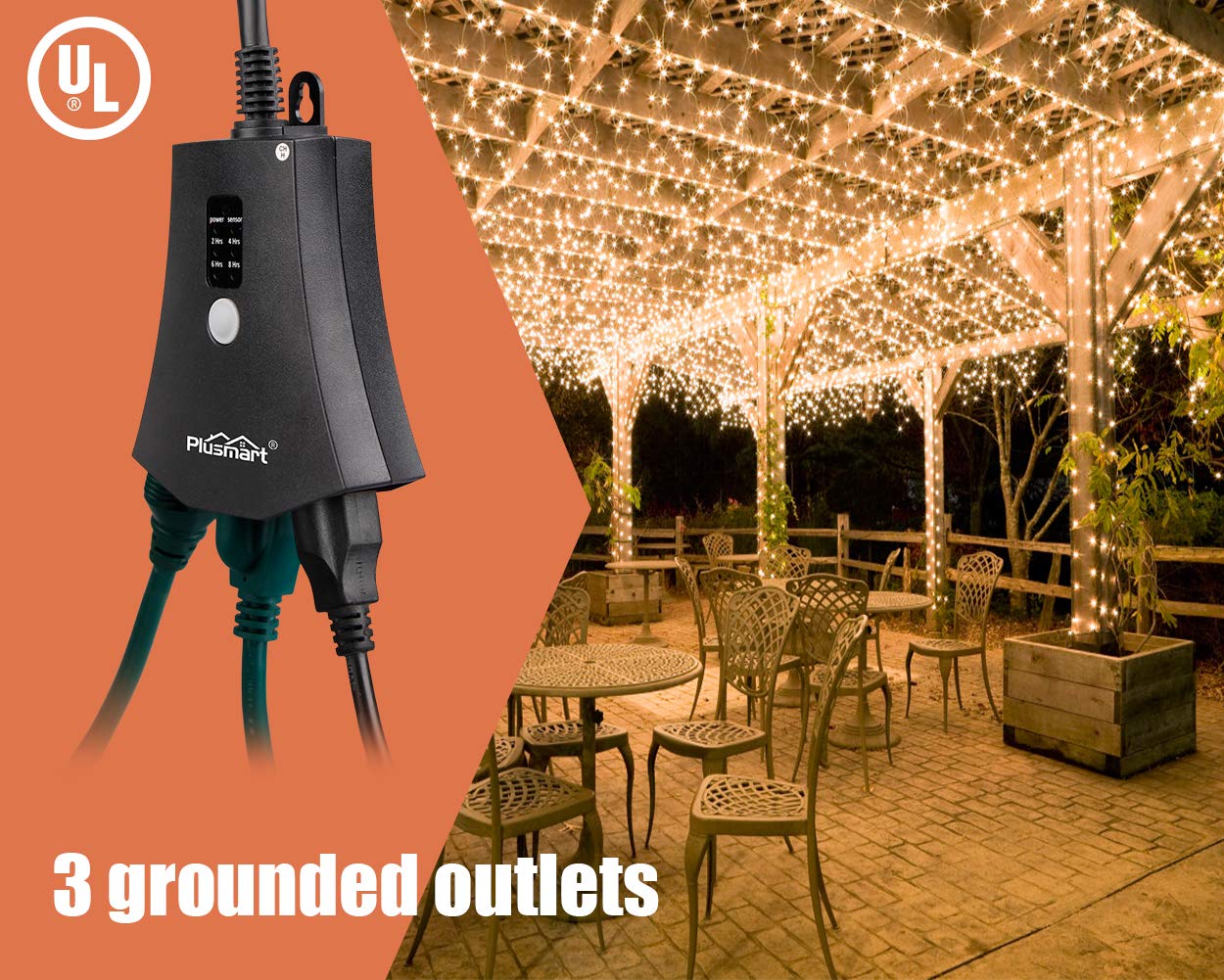 Outdoor Light Timers Waterproof, Dust to Dawn Light Sensor, 100 FT Range Remote Control, Plug in Timer Switch with 3 Grounded Electrical Outlets, 15Amp, UL Listed