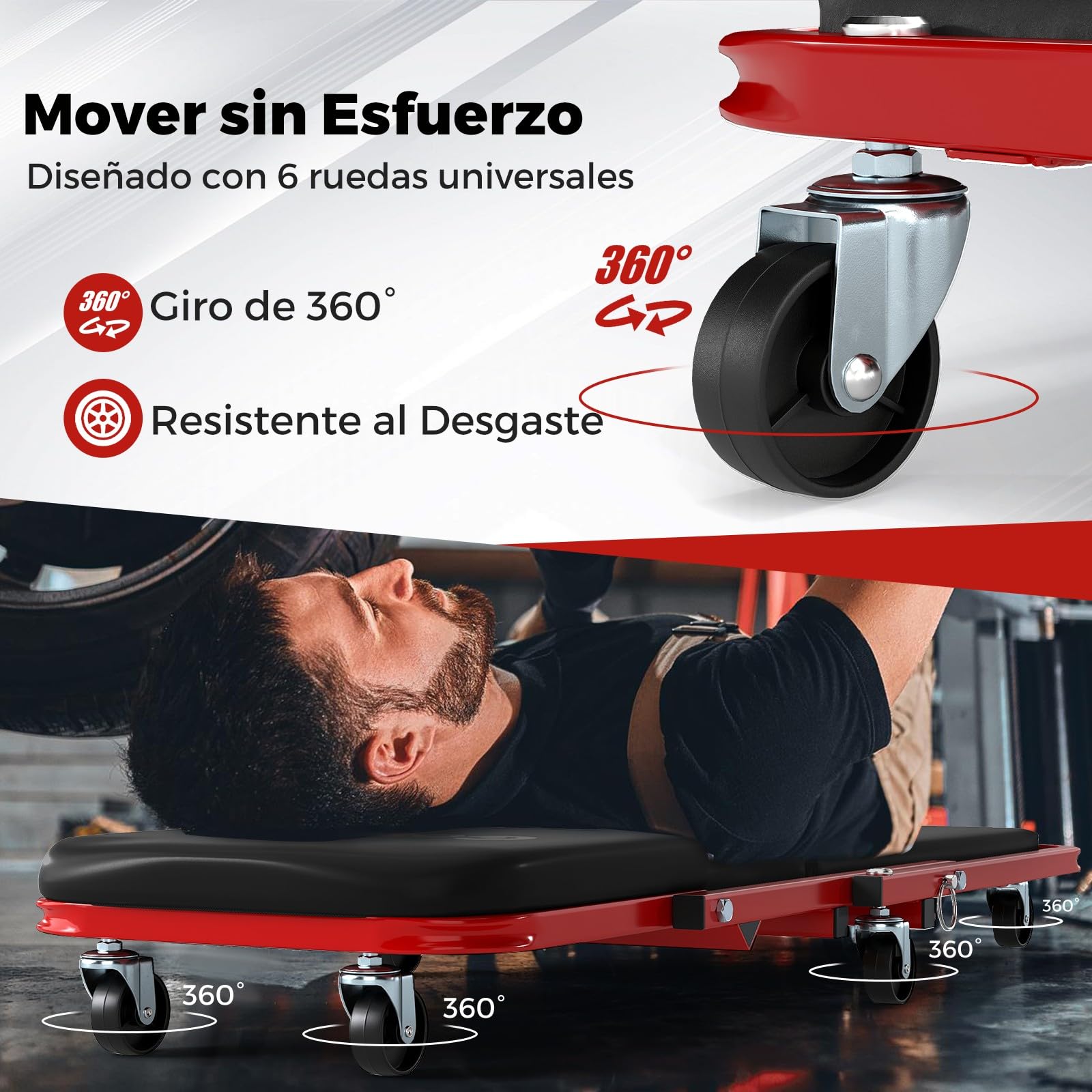 COSTWAY Camilla Mecánico 2 en 1, Taburete Taller Plegable con Asiento Acolchado y 6 Ruedas Universales, Taburete Convertible para Taller, Reparación de Autos, Carga hasta 150 kg (Negro)