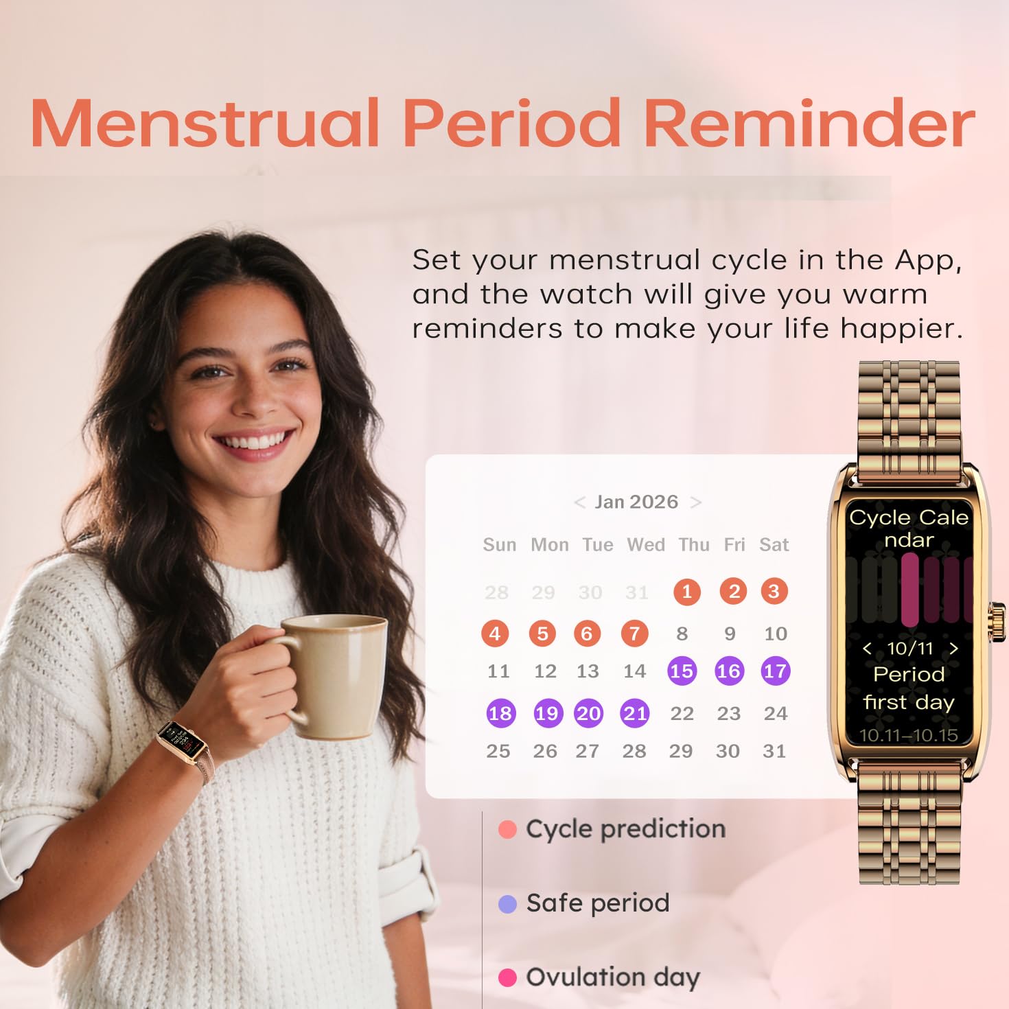 Fitness Tracker Damen Elegant Rosegold Smartwatch mit SchlafMonitor Herzquenz Podómetro Kalorienzzähler Menstruationszyklus Luxus Uhren für Frauen