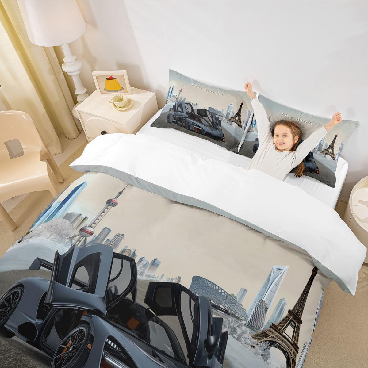 Feelyou Queen Size 3D Car Print Bedding Set - Stylish Decor Boy's Sport Comforter Cover with Pillowcases, Speed Sports Car Microfiber Zipper Set