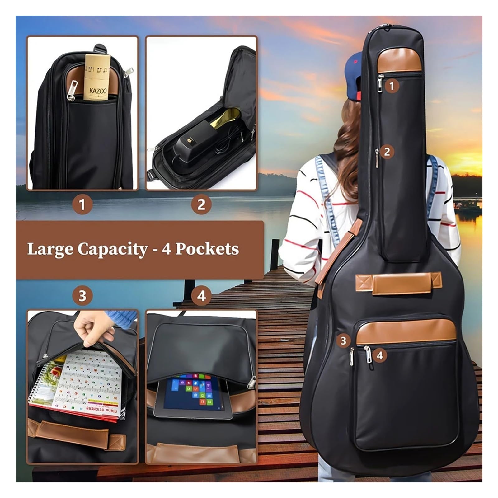 Bolsa for Guitarra acústica clásica de 41 Pulgadas con múltiples Bolsillos for Accesorios, Tela Oxford 600D, Acolchada Esponja Gruesa para Guitarra(Black)