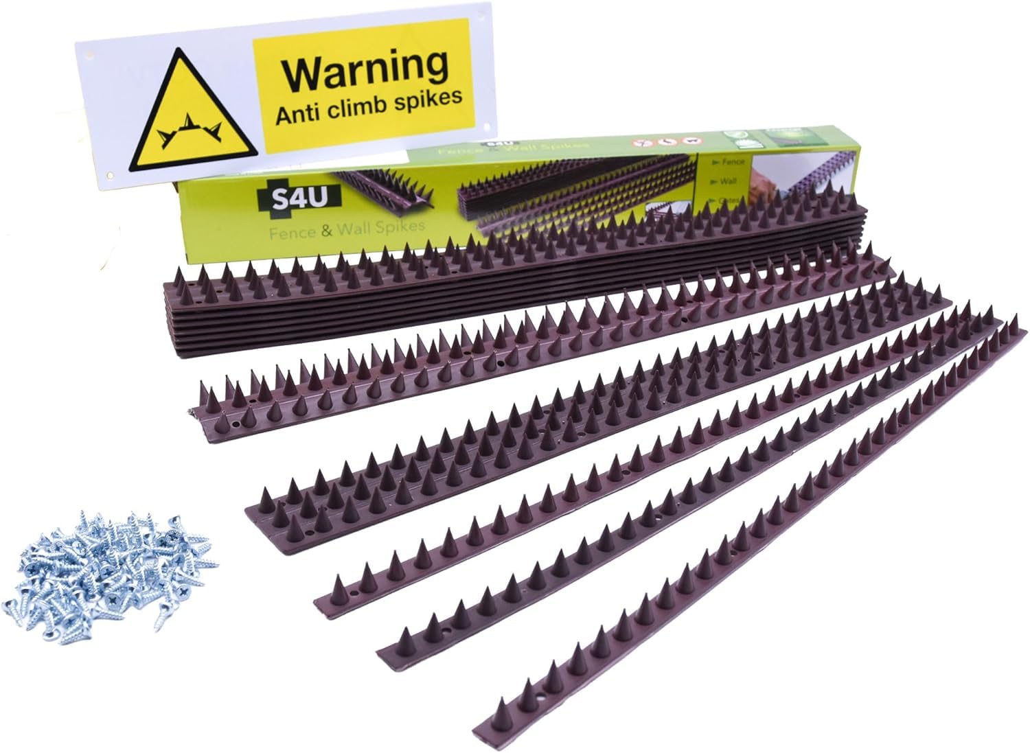 S4U Fence Wall Spikes Garden Security Guard Anti-Pigeon Cat Bird Spikes Intruder Pest Deterrent 50 x 4.5 x 1.5cm Warning Sign & Screws Included (5m, 10pcs - Brown)