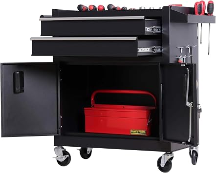Tool Cart, Tool Wagon, 2 Tiers, Tool Cart with Drawers, 360 , Movable, Mesh Panel Included, Handle, High Load Capacity, 440.1 lbs 200 kg, Storage, Wagon, Cart, Garage, Tool Box, Toolbox,