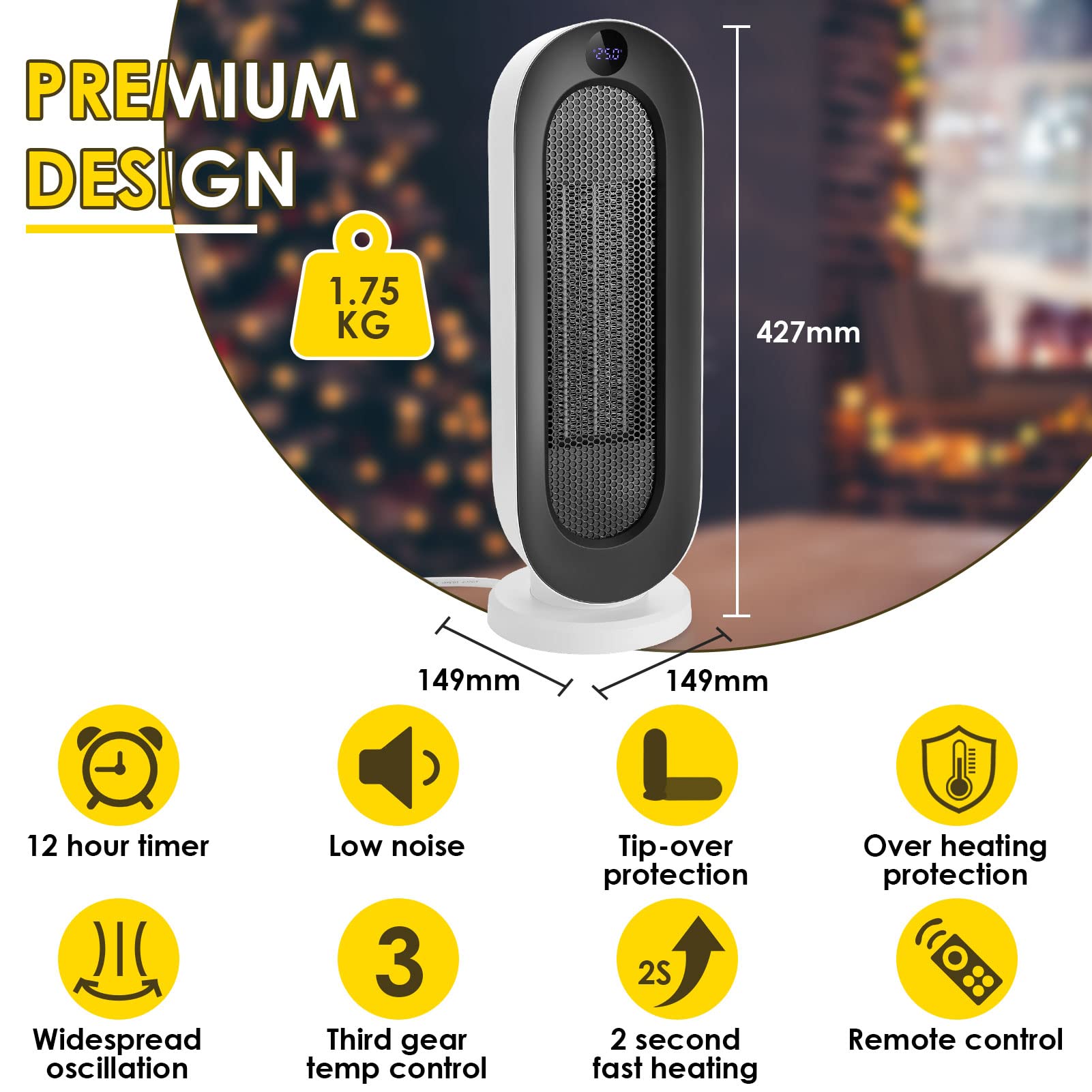 Calentador de ventilador de cerámica, 2000 W, 3 modos, termostato, temporizador de 12 horas, protección contra inclinaciones, 100° oscilante para hogar y oficina, pantalla pequeña