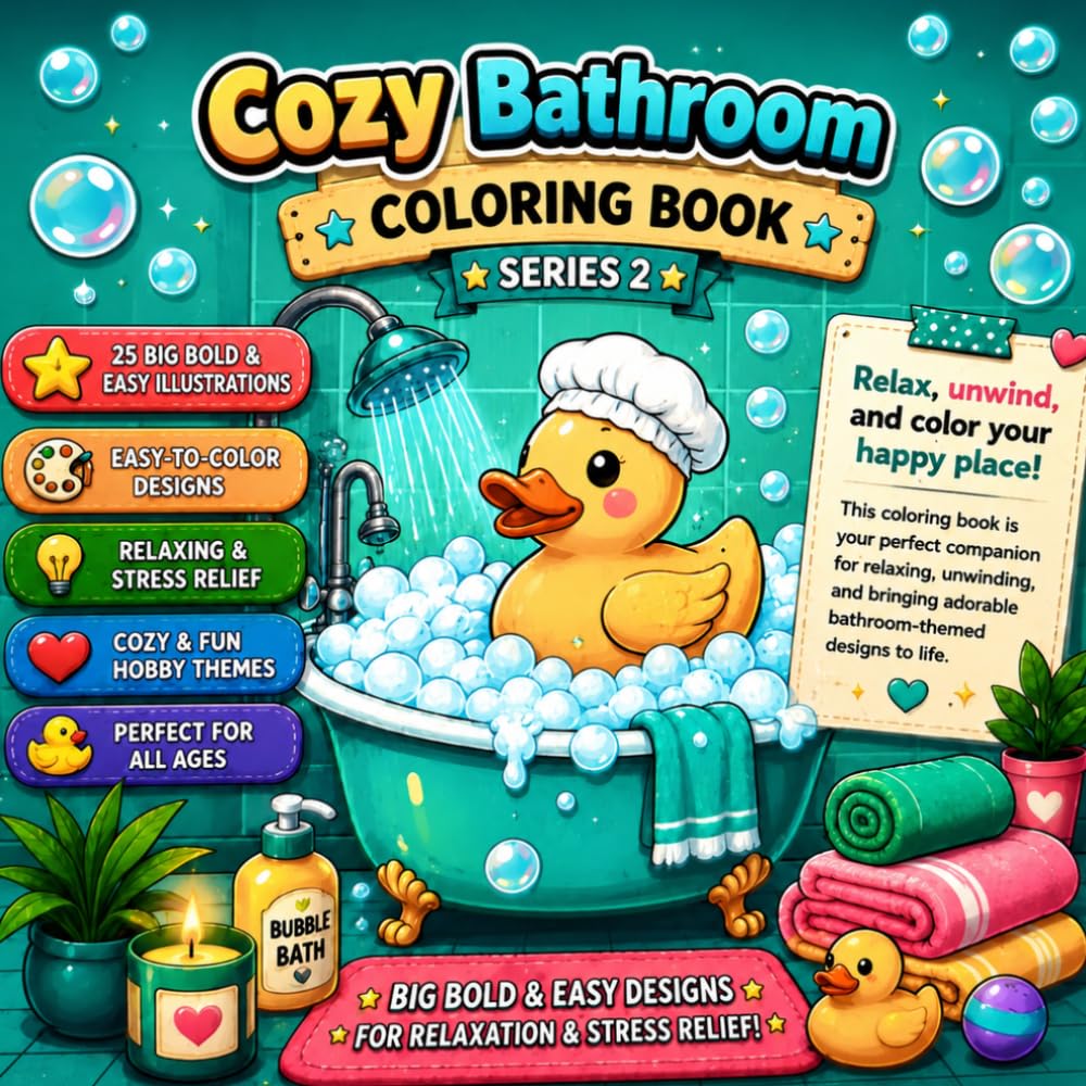 Cozy Bathroom Coloring Book: Big Bold & Easy Designs for Stress Relief | Cute Cozy Bathroom Scenes for Adults and Teens (Cozy Coloring Book Series)