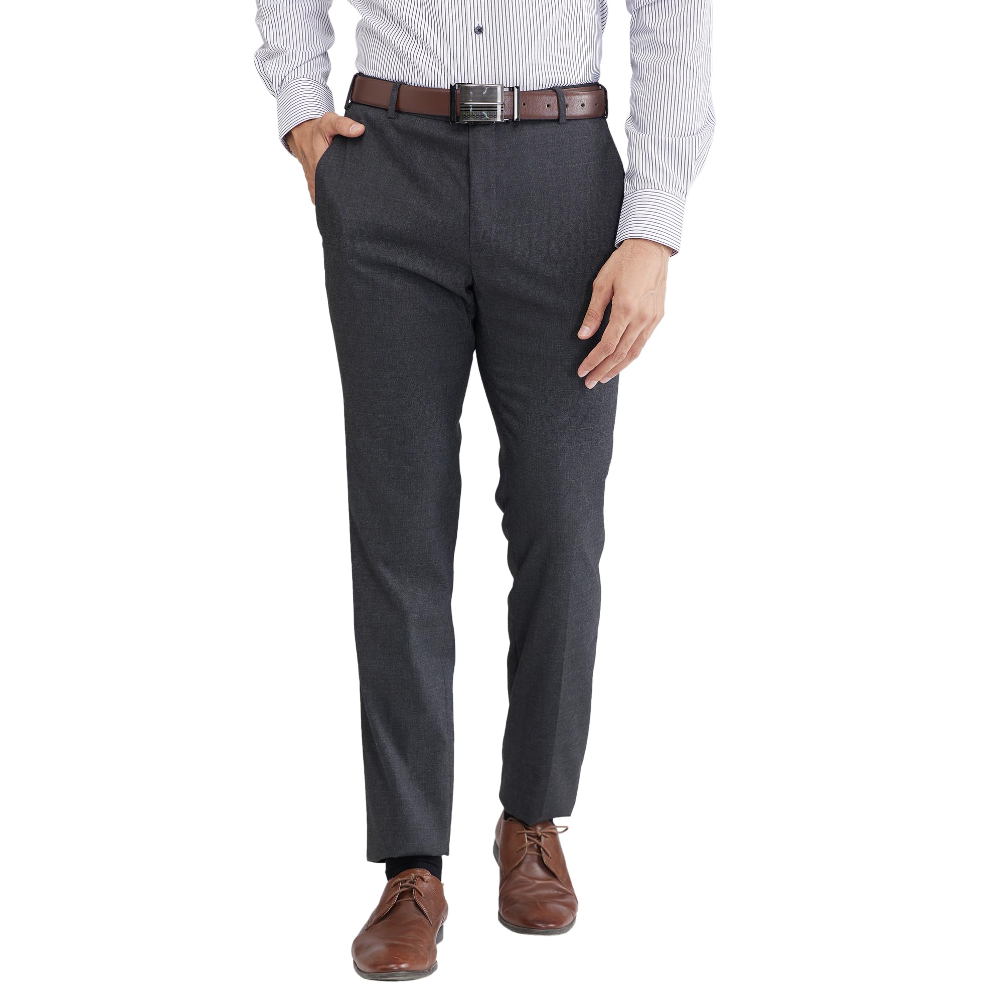 raymond Men's Mid Rise Slim Fit Checks Pattern Poly Viscose Blend Flat Front Formal Trouser-picture-23