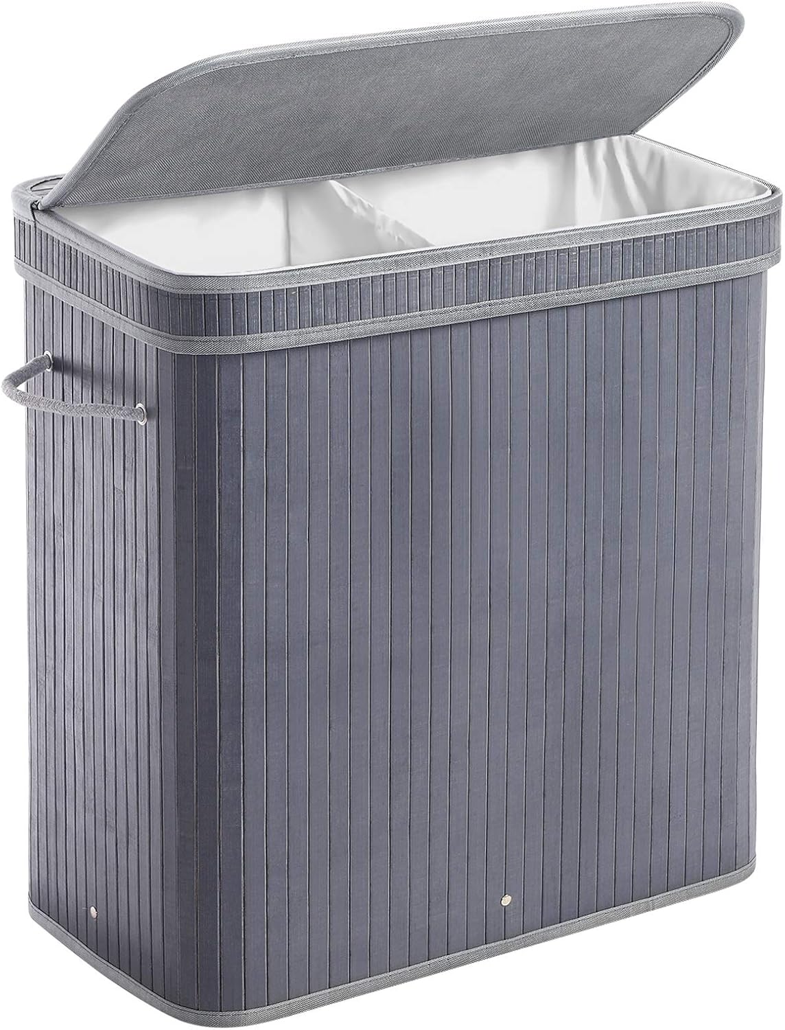 SONGMICS Double Laundry Hamper with Lid, Divided Laundry Basket with Handles, Bamboo Hamper with Liner for Laundry Room, Bedroom, 100L, Gray ULCB064G02