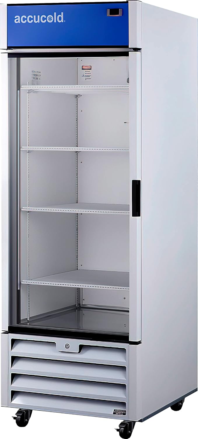 Accucold ACR261LH Healthcare 30" Wide Refrigerator, 21.34 cu.ft Capacity, High/Low Temperature Alarm, LED Lighting, TAA Compliant, Glass Door, Self-closing, Factory Installed Lock, Casters Included