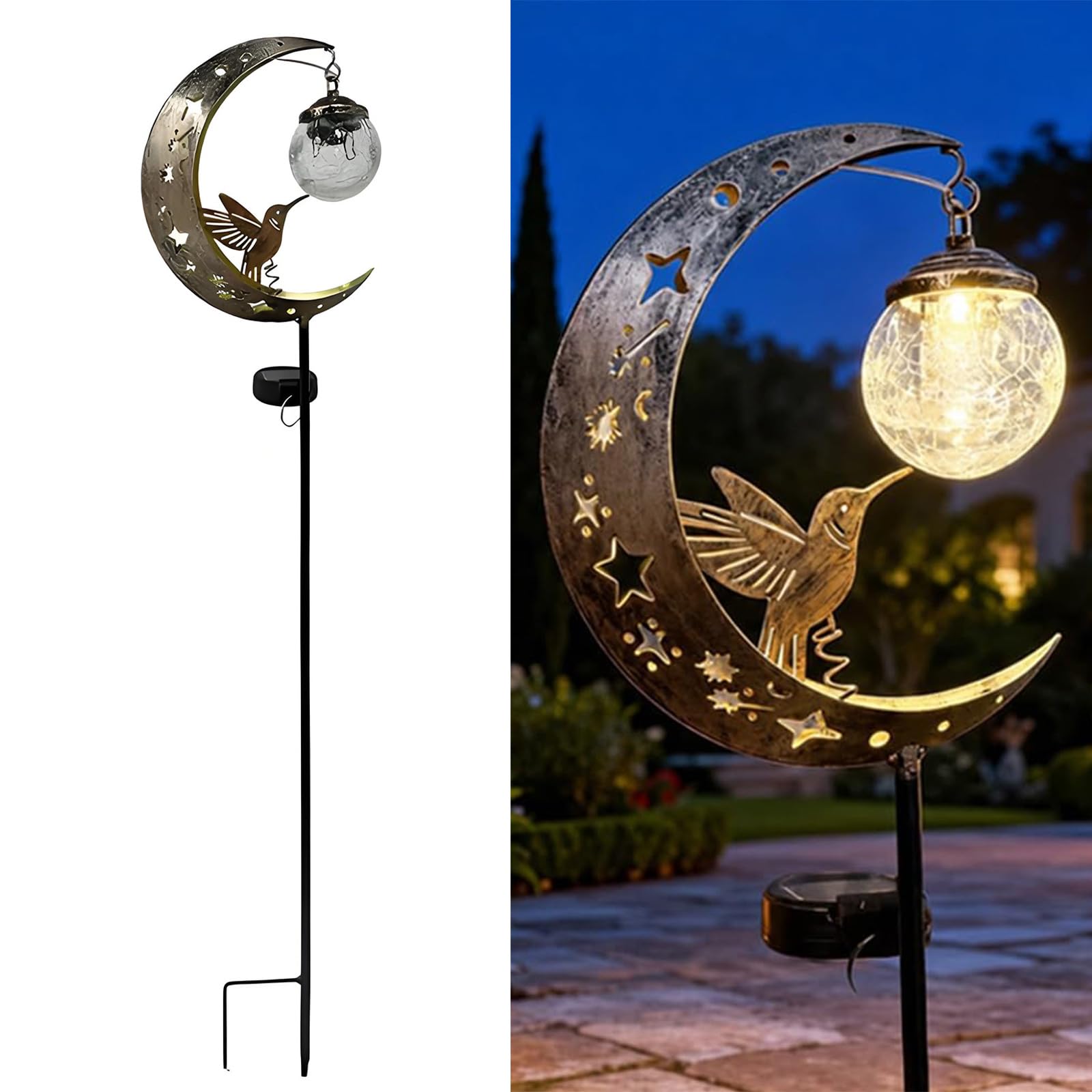 TAZIZI Hummingbird Moon-Solar Garden Stake LED Light, Solar Garden Decor, Metal-Crescent with Crackle Hanging Glass Ball Stake Light, Waterproof-Decorative Lights for Outdoor Pathway Yard Patio Decor