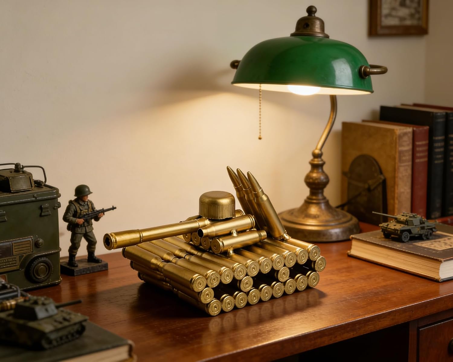 Bullet Shell Casing Shaped Tank Sculpture, Army-Inspired Tank Figurine Desk Decor Metal Craft Collectible Gift