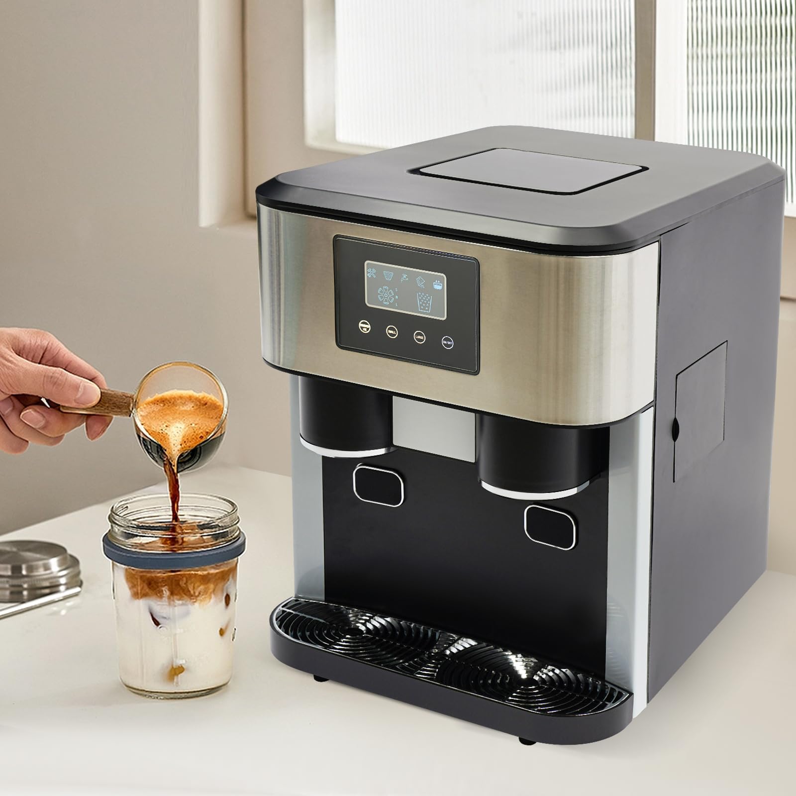 Gelatiera 3 in 1: macchina per ghiaccio tritato e cubetti di ghiaccio, 10-15 kg di ghiaccio al giorno in 8-12 minuti, 16 cubetti di ghiaccio con intuitivo controllo LCD touch, portatile e compatta