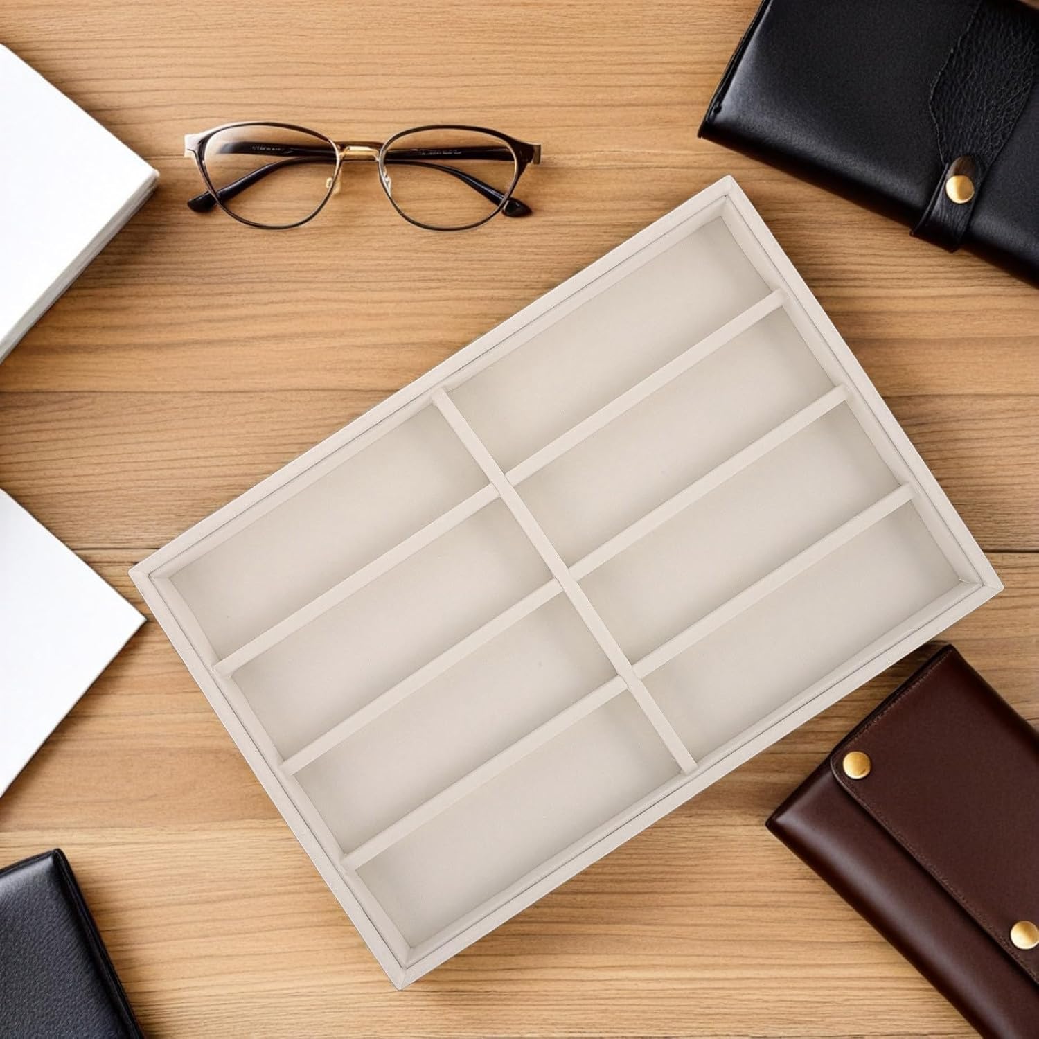 Sunglass Organizer, Khaki Velvet Glasses Trays - 8 Grids Eyeglasses Sunglasses Watches Jewelry Display - for Men Women Daily Use 13.78" x 9.45"