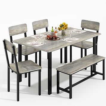 AWQM 6-Piece Dining Set, Modern Dining Table Set for 4-6,Kitchen Table Set with Chairs and Bench,Dining Room Table Set with Metal Frame & MDF Board, Table & Chairs Set for Small Space,Apartment,Grey