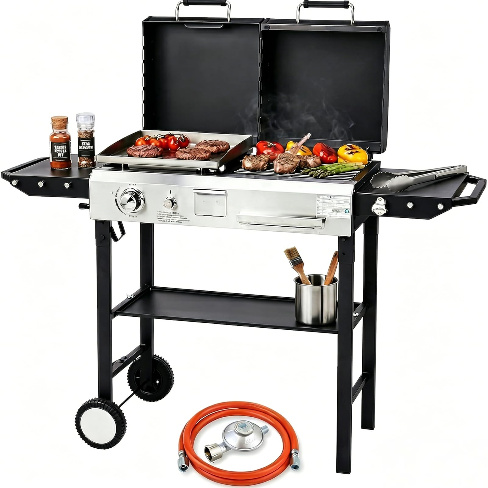 LEADZM Gasgrill 2-in-1 Gas- & Holzkohlegrill 4.5 kW - Ausgestattet mit einem 50-Mbar-Druckminderventil, Geeignet für Familienfeiern und Picknicks im Freien
