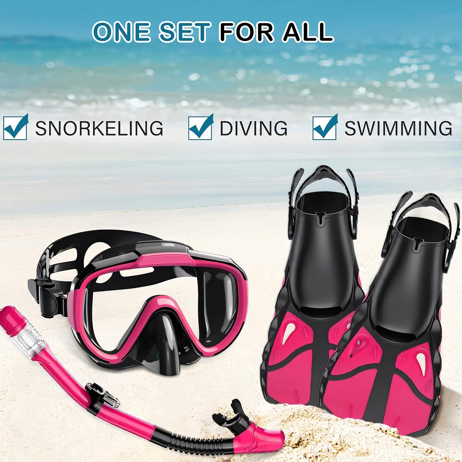 Color Pink Snorkel Set with Fins for Adults, Snorkeling Gear for Adults Men and Women, Snorkle, Mask Set Adults Dry Top Snorkel Mask Combo Set with Travel Bag for Snorkeling, Diving, Swimming
