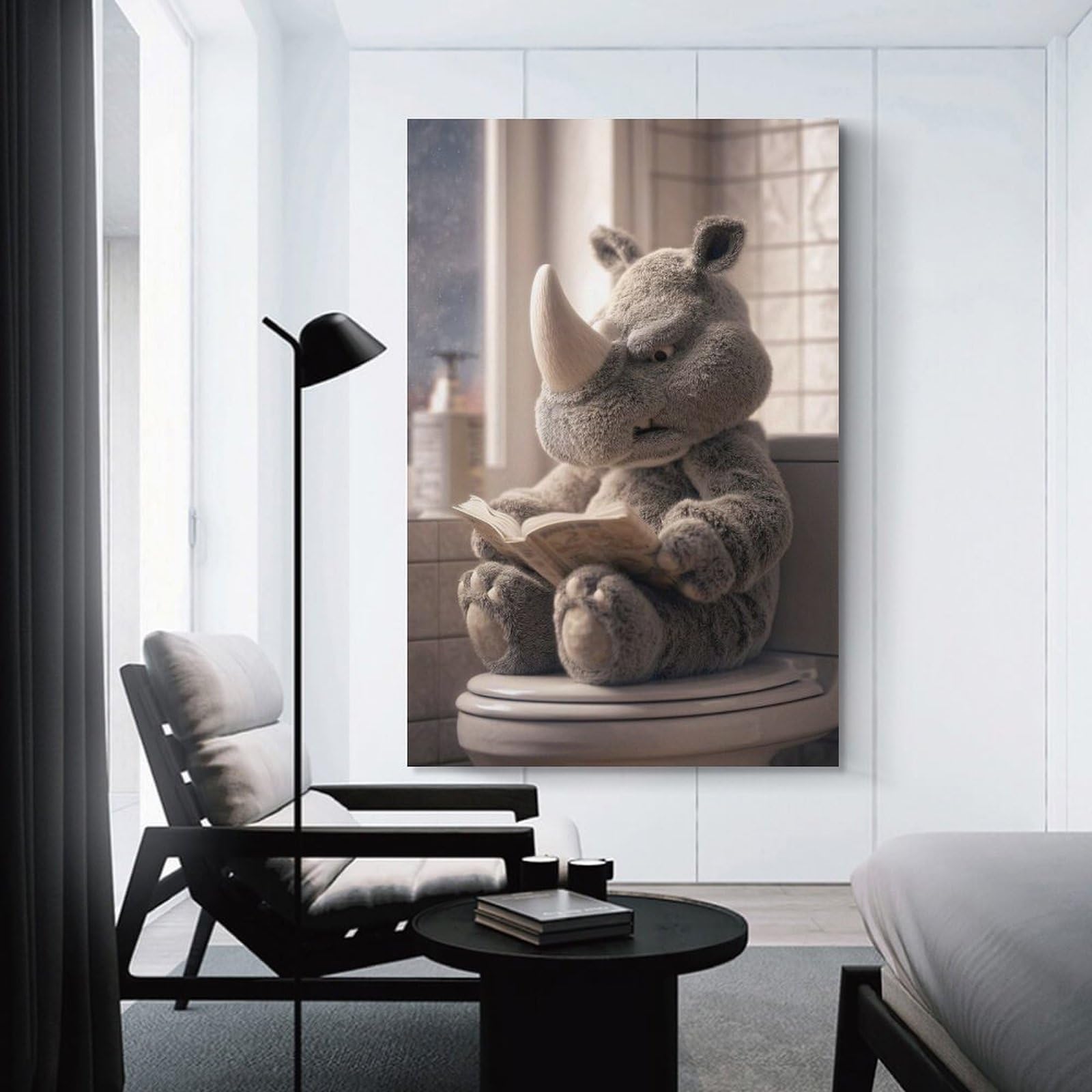 Junmoney Plush Rhino Reading on Toilet Wall Art Print, 24x36inch(60x90cm), for Office, Study Or Home Workspace, Decorative Artwork for Productive Spaces