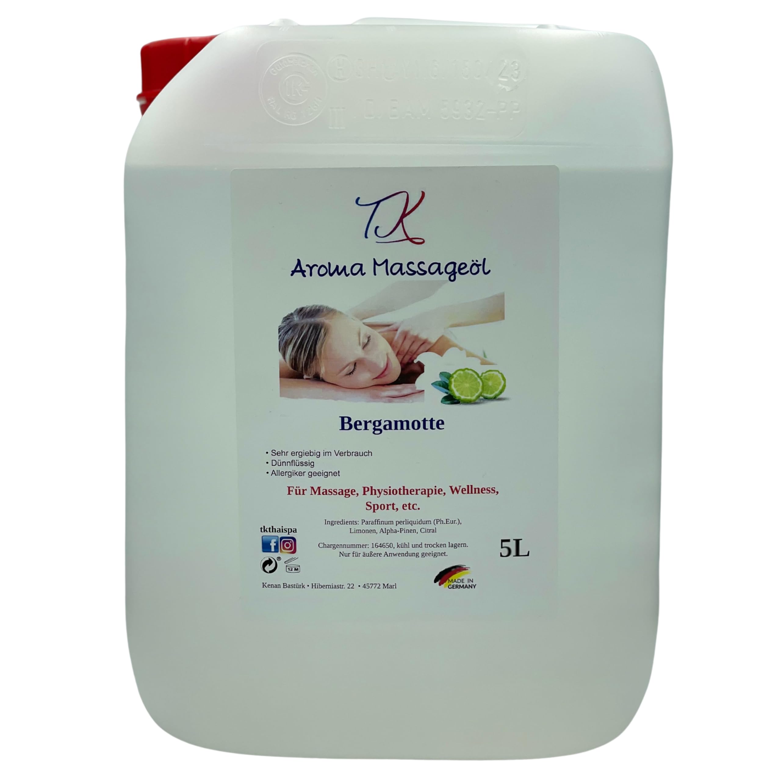 Aceite de masaje aromático para masajes, fisioterapia, bienestar y mucho más, grado medicinal (1l, Bergamota)