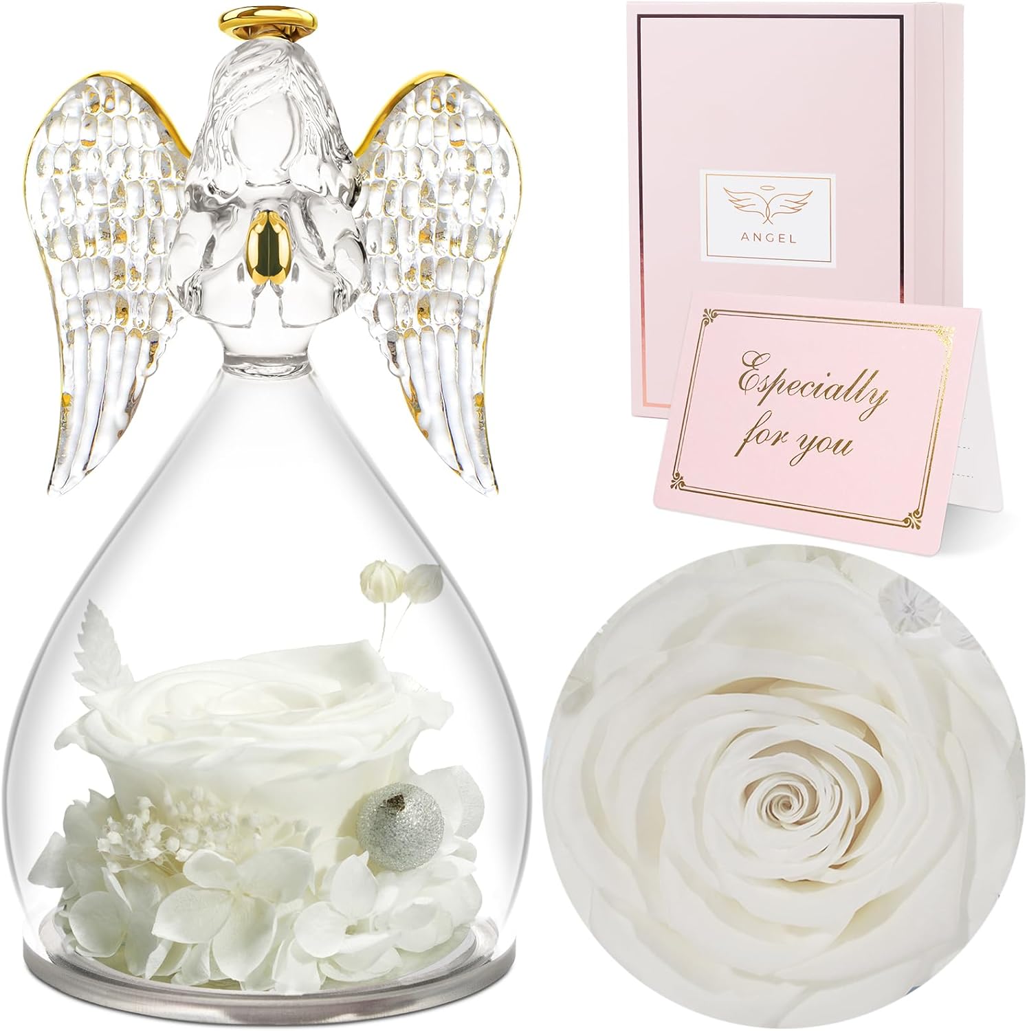 Sunia Valentines Day Rose Gifts for Women, Birthday Gifts for Mom Grandma, Forever Preserved Flower in Glass Angel Figurines Flowers for Delivery Prime, Mothers Day Real Roses for Her Wife 