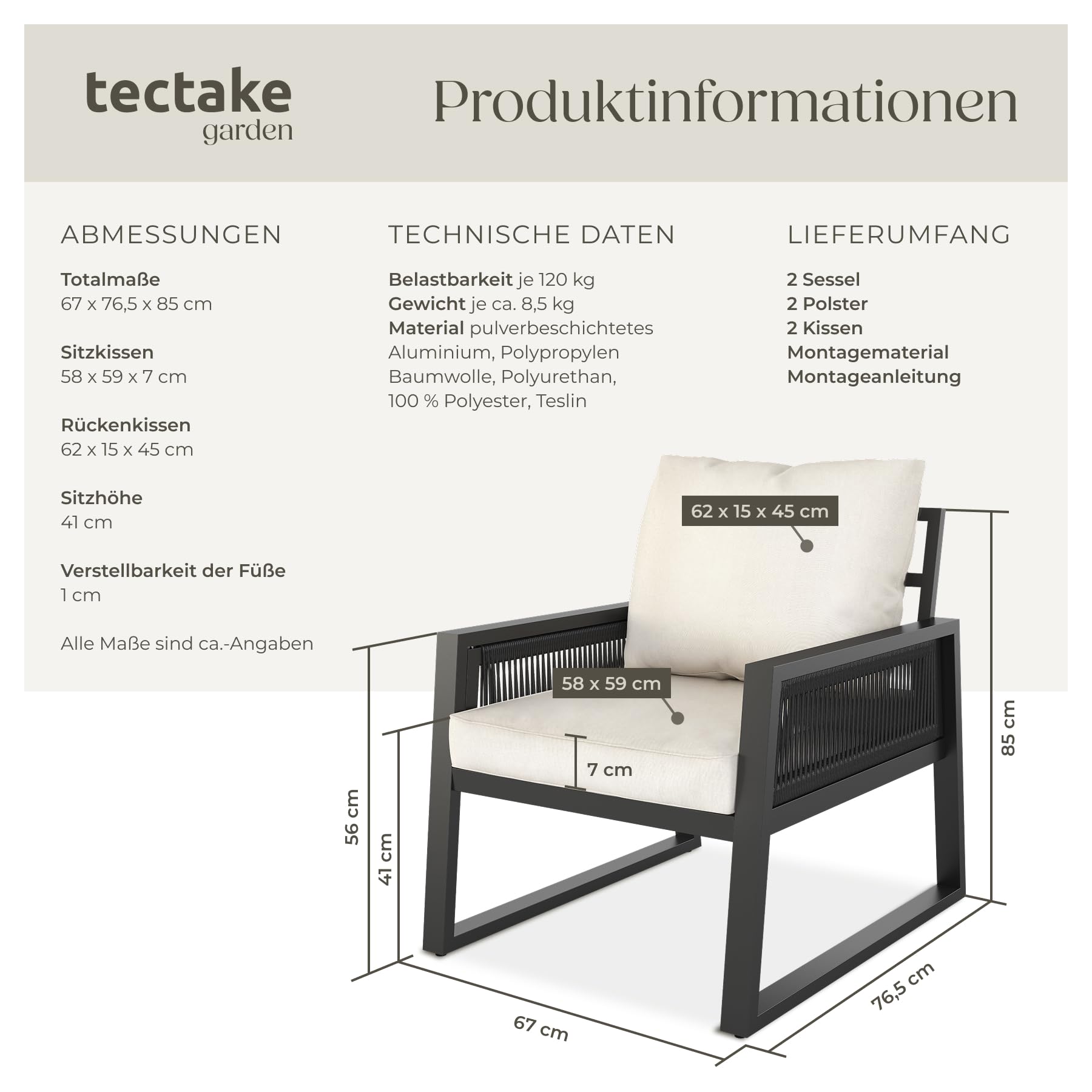 tectake® Rope Design Lounge Möbel Set für Garten oder Balkon, Aluminium Outdoor Sitzgruppe Terrassenmöbel mit 2 Lounge Sessel, inkl. Gartenmöbel-Kissen, wetterfest