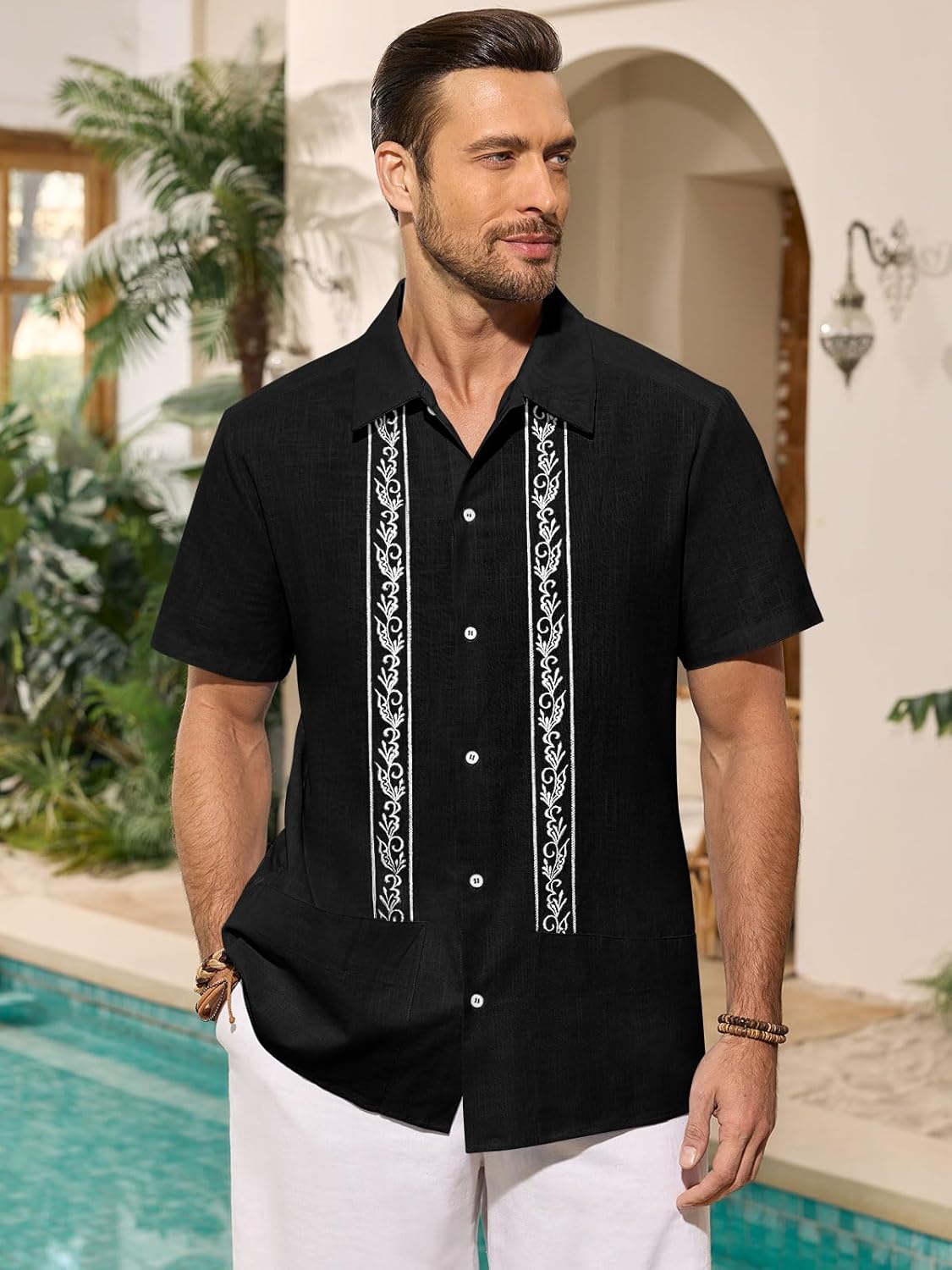 Mens Cuban Guayabera Shirts Cotton Linen Short Sleeve Shirt Casual Hippie Beach Button Down Pocket Shirt - Image 3