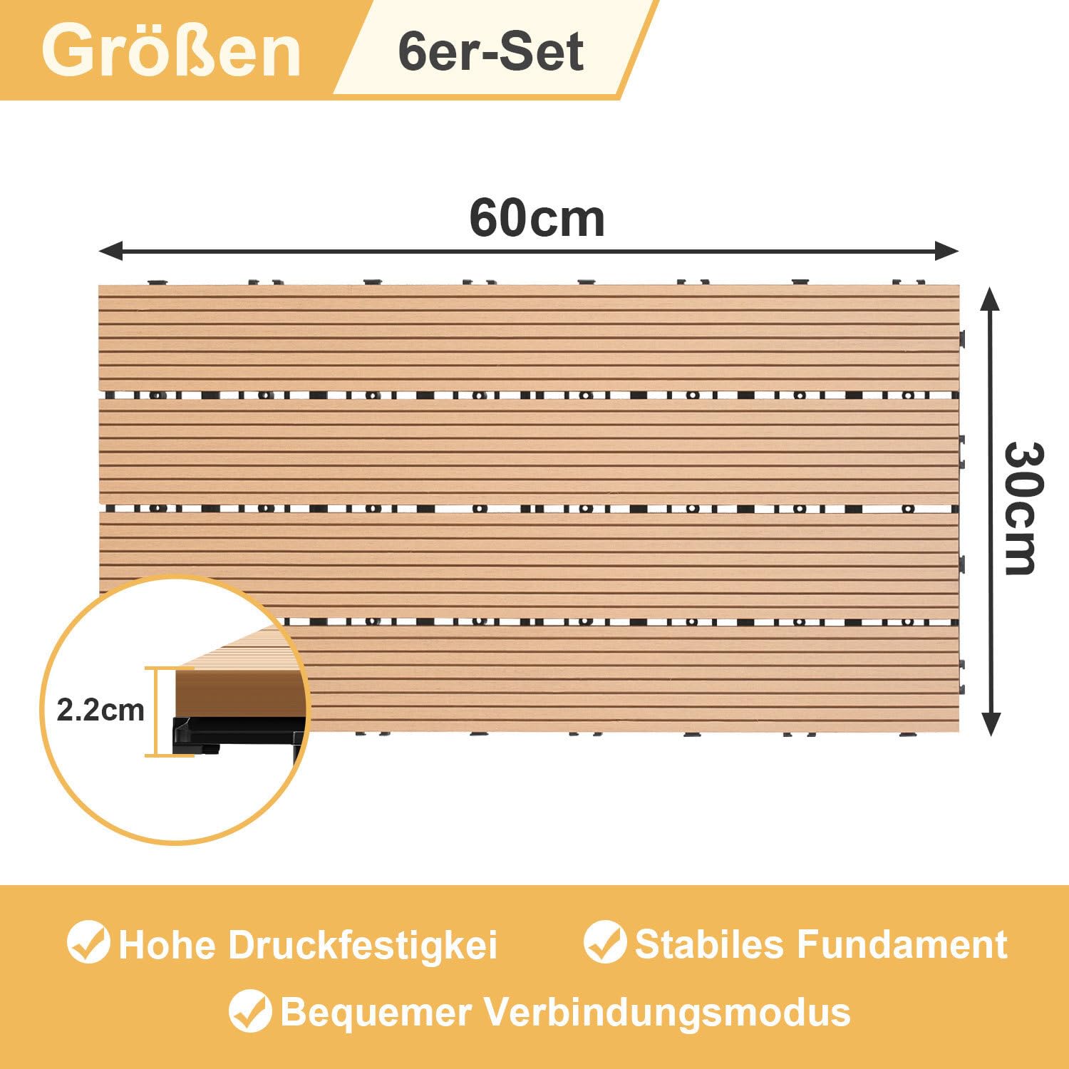 Piastre per terrazze in WPC, 30 x 60 cm, colore teak, 18 pezzi (3 m²) con sistema a clic, adatte all'acqua, effetto legno, facile da pulire, per balcone (piastrelle a scatto in PC)