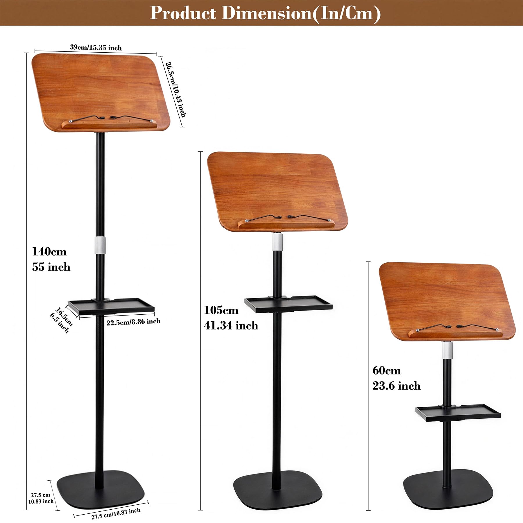 Pupitre pour partitions de musique, hauteur réglable de 60 cm à 140 cm, plateau inclinable à 180°, supports réglables pour s'entraîner à la lecture, au dessin, au travail, base stable pour les
