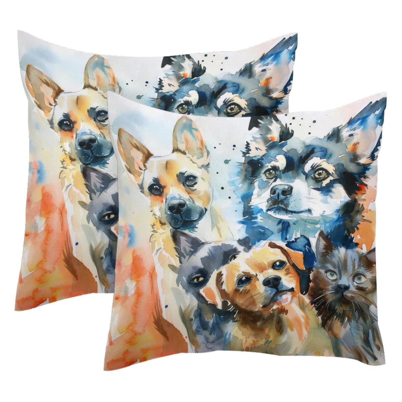 Coussin aquarelle chiens et chat en velours pour un salon cocooning et chaleureux