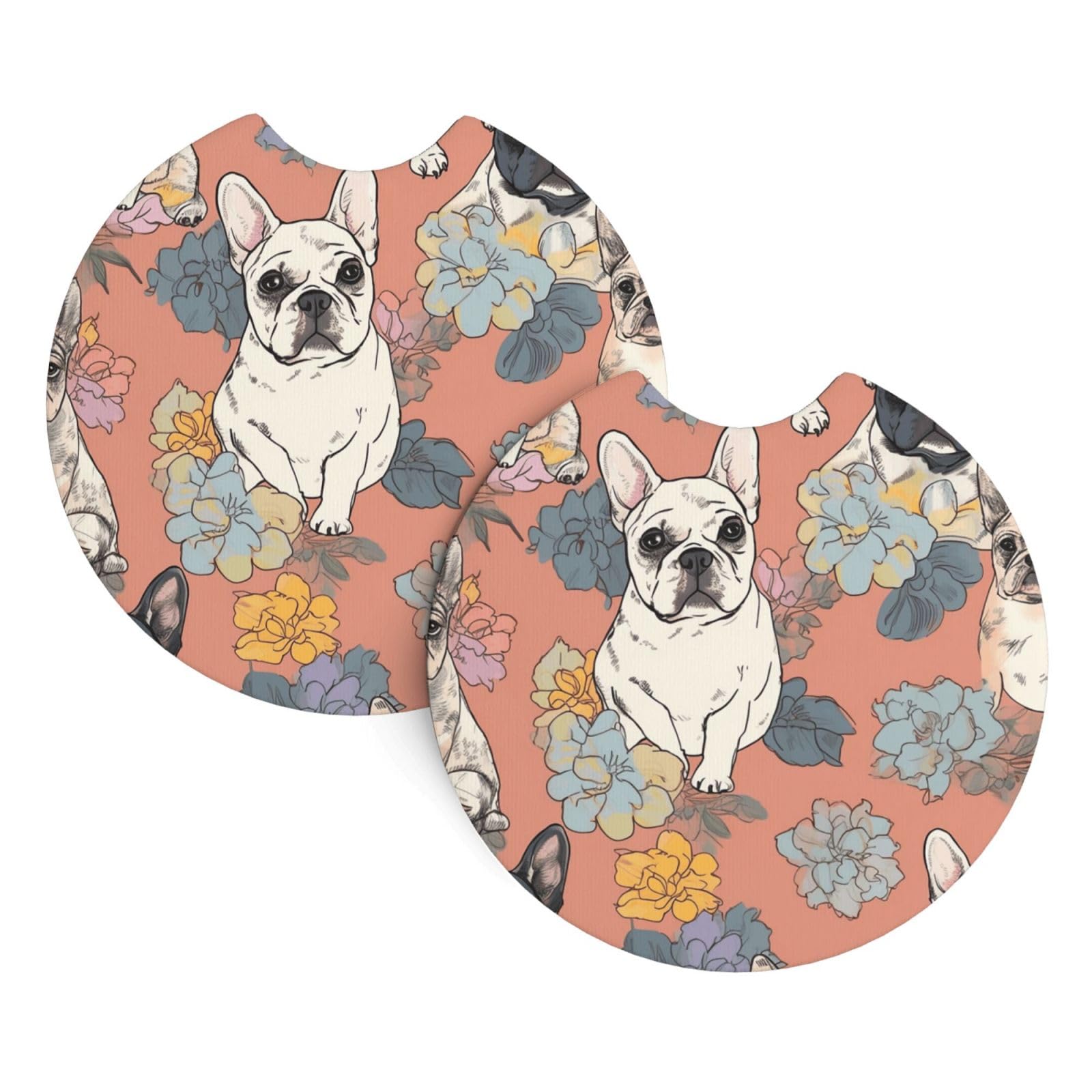 2 Pack Car Coaster for Cup Holders French Bulldog Print Car Cup Coaster 2.7" Neoprene Non-Slip Automotive Cup Mat Universal Auto Car Interior Accessories for Women Men Cup Pad