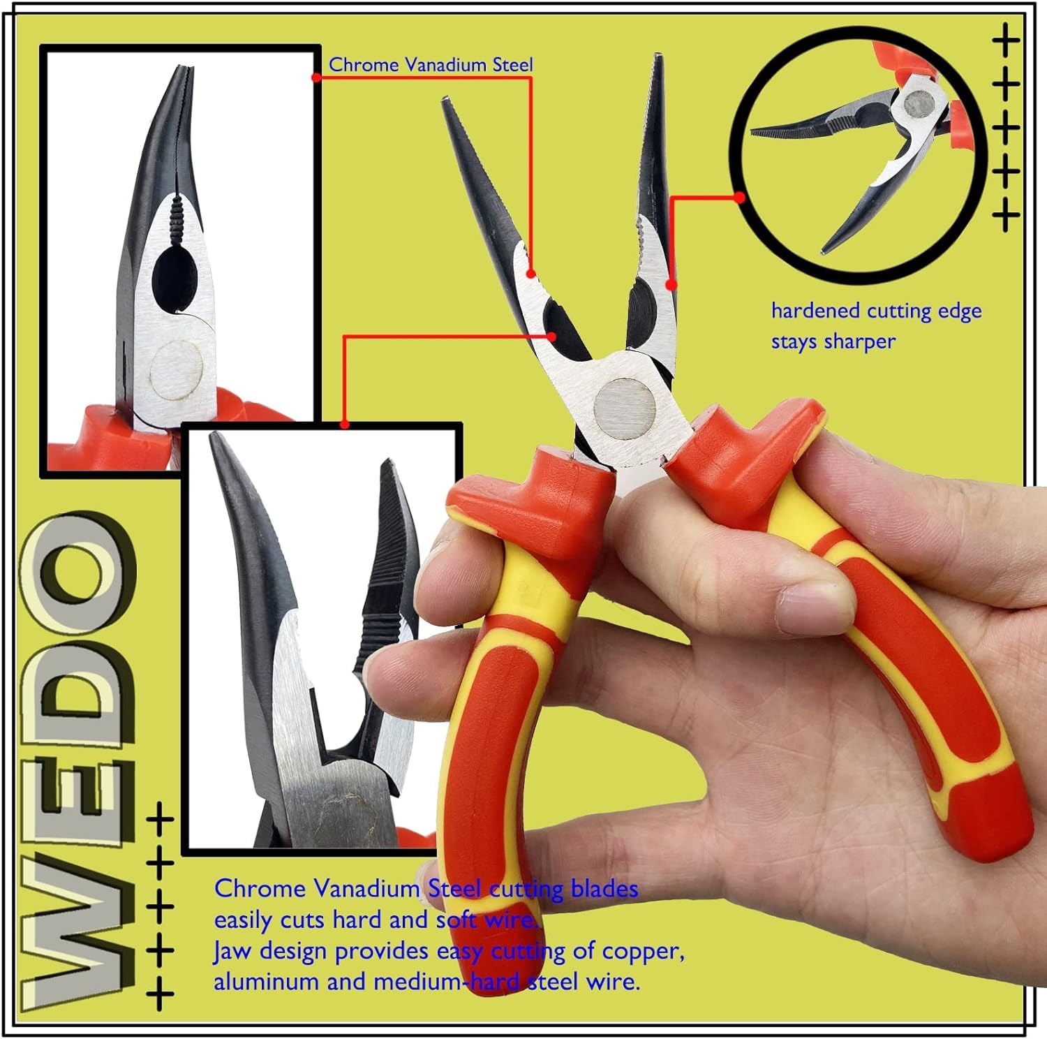 WEDO Insulated Round Bent Needle Nose Pliers 150mm(6"), 45 Degree Long Nose Pliers, VDE 1000V, with and Anti-Slip Handles - Image 3