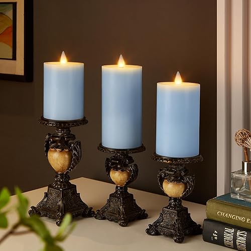 Miniatura 4 de Velas de pilar sin llama de cera parpadeantes con temporizador remoto, velas LED de llama móvil 3D de hasta 400 horas con 2 pilas AA, juego de 3, 3