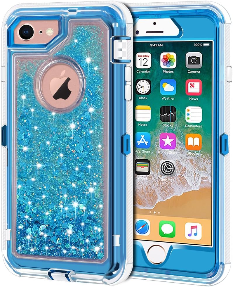 Anuck Case for iPhone 8 Case, for iPhone 7 Case (4.7 inch), 3 in 1 Hybrid Heavy Duty Defender Case Sparkly Floating Liquid Glitter Protective Hard Shell Shockproof TPU Cover - Blue