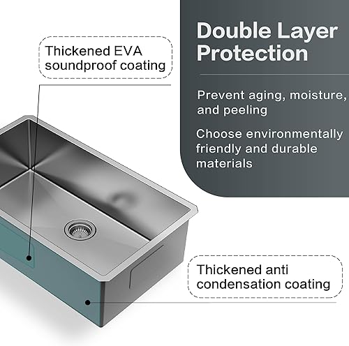 Vista 39 de Fregadero de cocina de acero inoxidable S304 de calibre 16 de 33 x 22 x 10 pulgadas, hecho a mano, moderno, con accesorios y fregaderos de cocina
