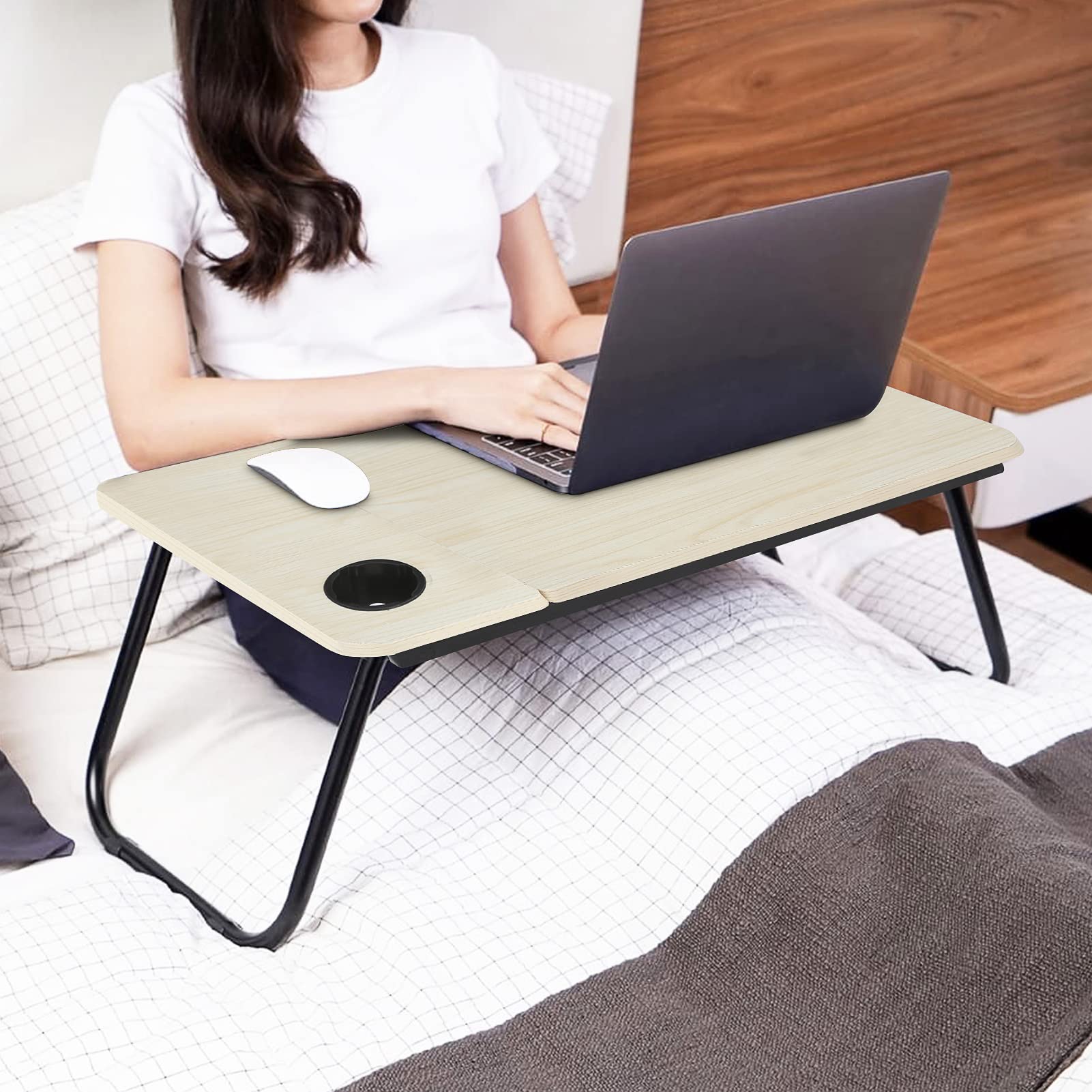 Tavolo pieghevole per computer portatile, 55 x 32 x 25 cm, per tablet e computer portatile, con porta bevande, per lettura o colazione (bianco)