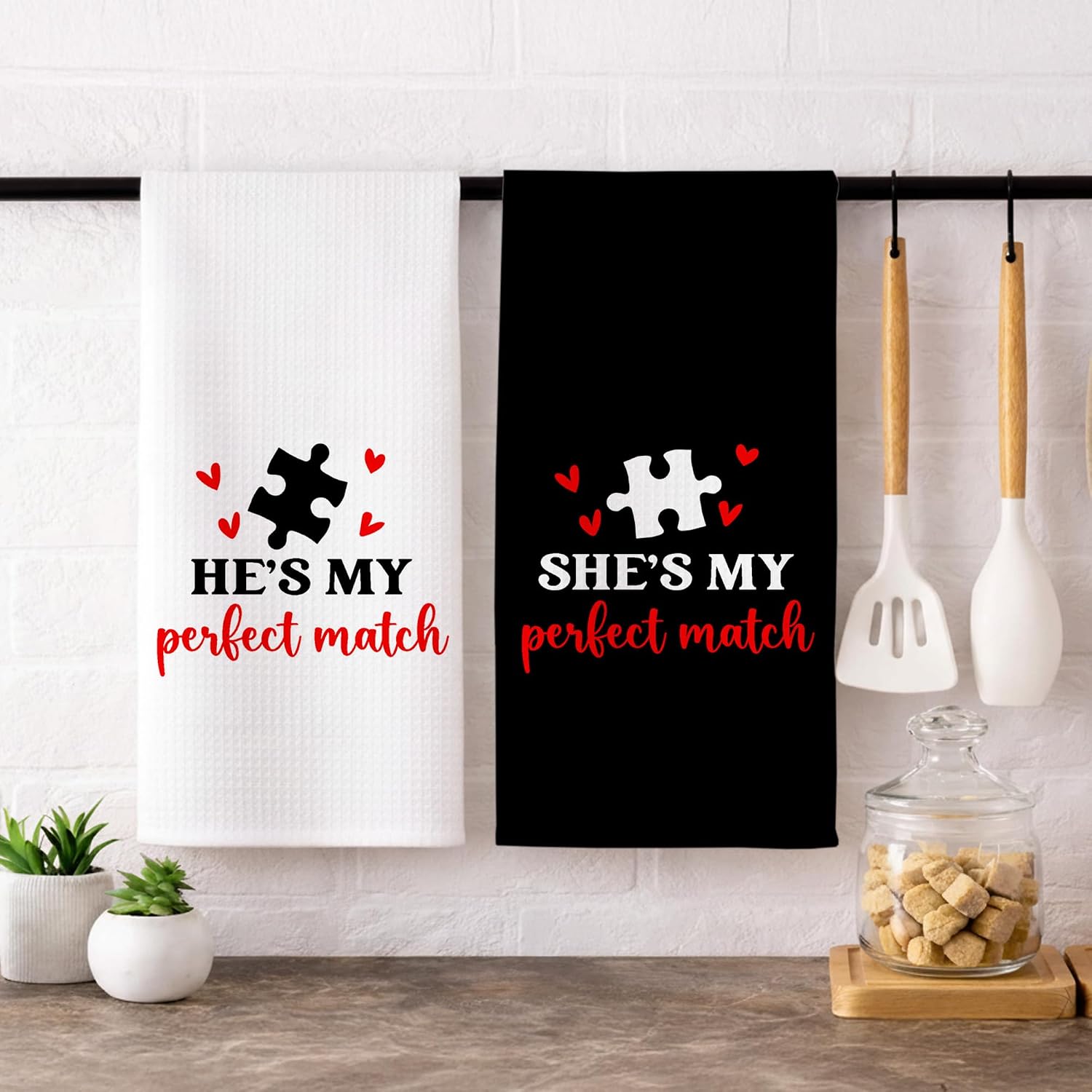 Couple Valentines Kitchen Towels Set of 2, Black and White Matching Decorative Dish Towels Gifts for Bathroom Wedding Valentine's Day Wife, His and Hers Hand Tea Bar Towel for Home 16x24in