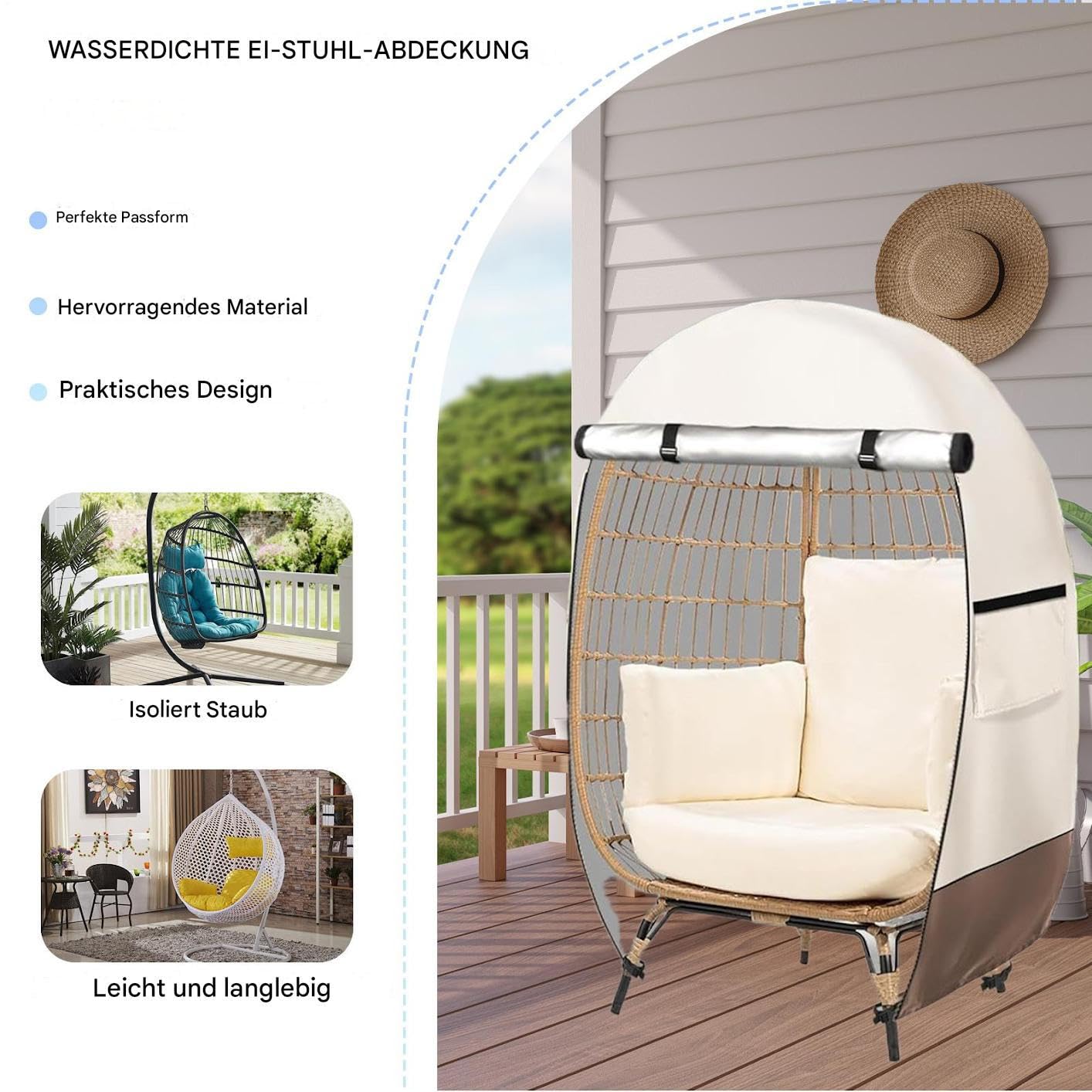 Wasserdichte Eierstuhl-Abdeckung, Eierstuhlabdeckung Outdoor, Outdoor-Möbelschutz Mit Reißverschluss, Staubdicht, Für Doppelte Hängeschaukeln, Rattan