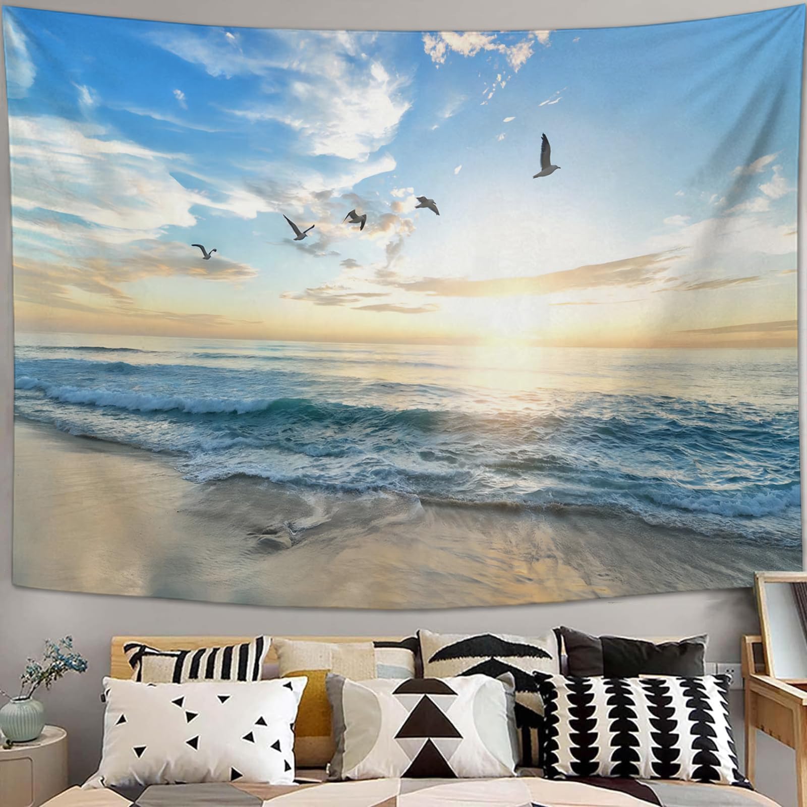 Baegopa Beach Ocean Tapestry Large Coastal Sunrise Tapestry Wall Hanging for Bedroom Seagull Tapestries Wall Decor for Home Office Dorm Living Room 60