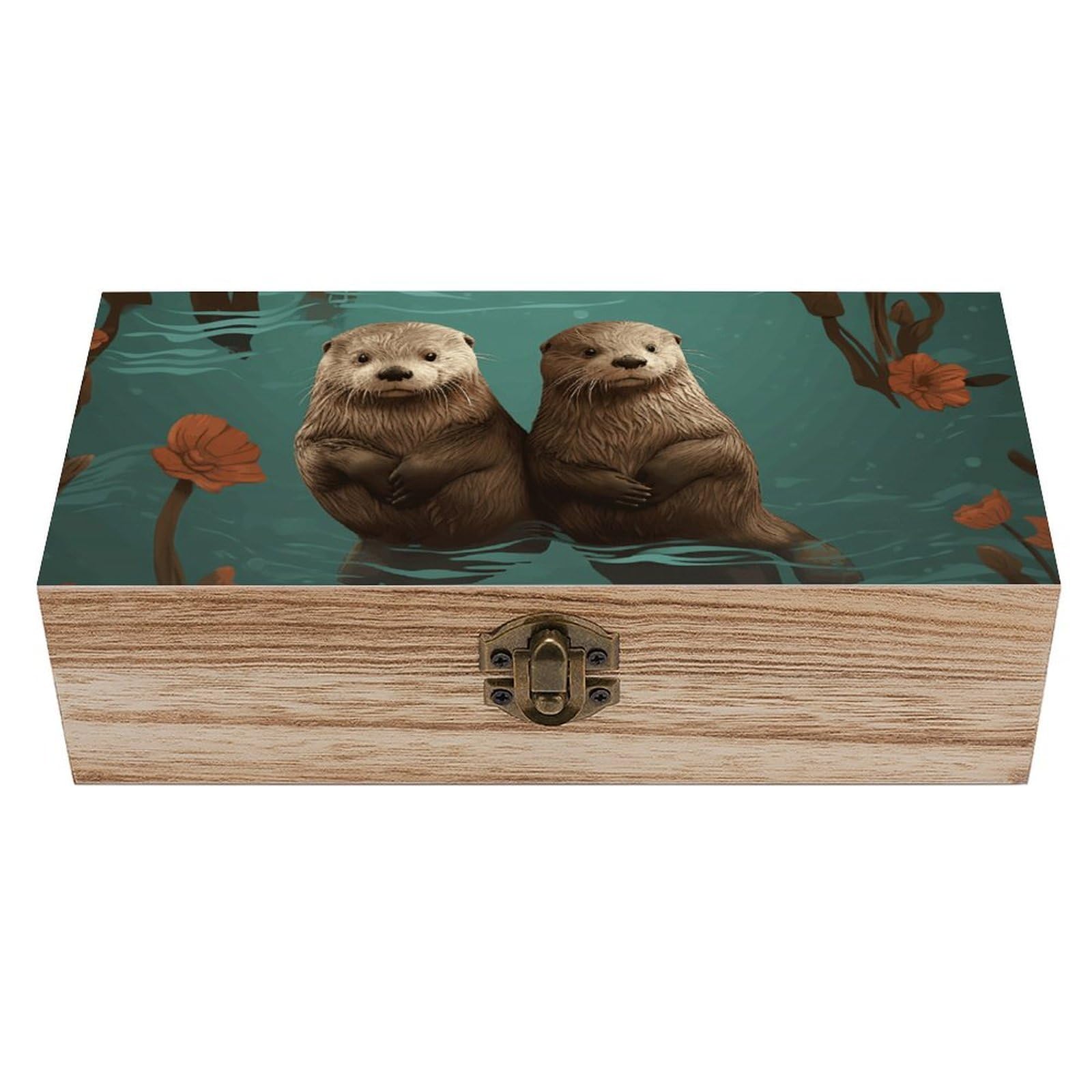 FWJZDSP Wooden Storage Box Otters in Love Wood Gift Box with Hinged Lid Vintage Decorative Jewelry Boxes Memory Box for Jewelry Art Hobbies Home Storage Treasure Keepsake Gift 7.9''x3.9''x2.3''