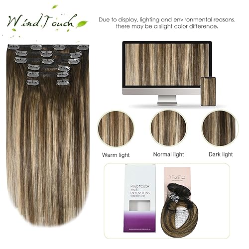 Miniatura 4 de Extensiones de cabello humano con pinzas, color castaño chocolate a rubio oscuro con balayage y reflejos, para cabello castaño, 2.47onzas, N.
