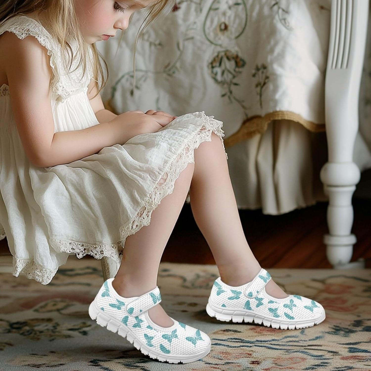 Daily Wear Shoes for Girls Cute Butterfly Graphic Soft and Flexible Shoes with Hook Loop School Safe Walking Slip-On Ballet Flats Casual Soft Daily Sport Best Gift for Kids 2025 White-a