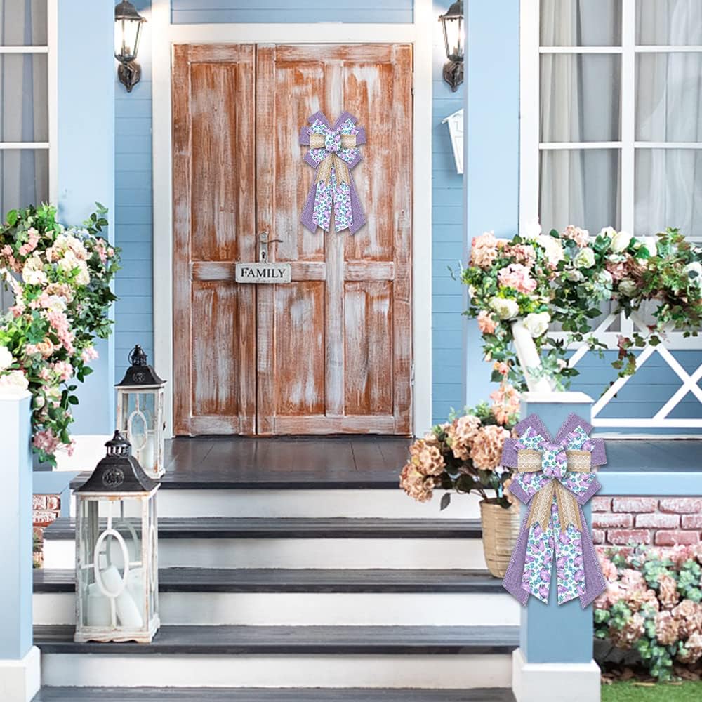 Hying Spring Flowers Bows for Wreath, Purple Natural Burlap Wreath Bow Butterfly Tree Topper Bows Farmhouse Craft Bow for Front Door Birthday Easter Decoration - Image 3