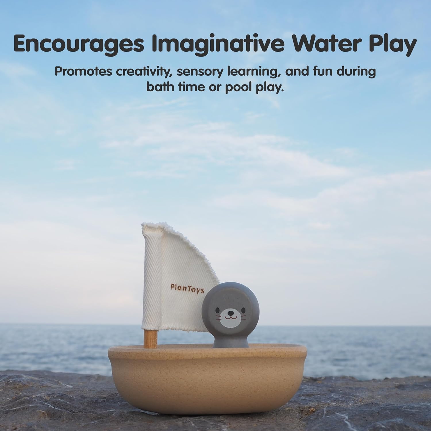 PlanToys® Wooden Sailing Boat Toy with Seal | Bath Time Water Toy for Floating Play, Imagination & Gentle Sensory Exploration | Eco Friendly Toy for Bath and Water Play