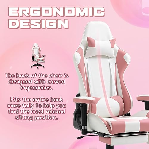 Miniatura 7 de ECOTOUGE Silla de juegos de PC con reposapiés, silla ergonómica de escritorio de oficina, silla reclinable de cuero de carreras con reposacabezas y