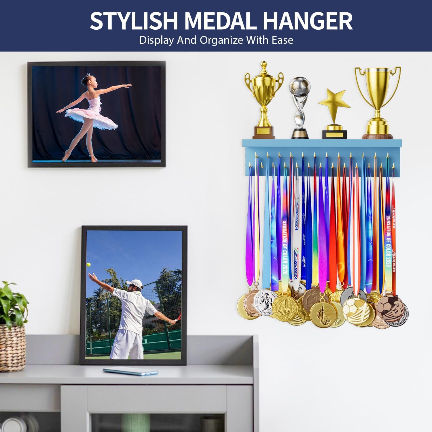 Medal Holder Display Trophy Shelf Organizer, Sturdy Wooden Race Award Hanger Rack with 25 Steel Hooks, Wall Mount Storage Stand for Sports Fans, Cheer Success