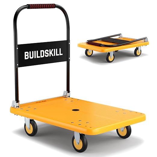 BUILDSKILL 150kg platform trolley 360° rotating TPR wheels 68.5cm x 47cm heavy duty cushioned grip foldable trolley with wheels metal beams support for industrial, warehouse, office & home use