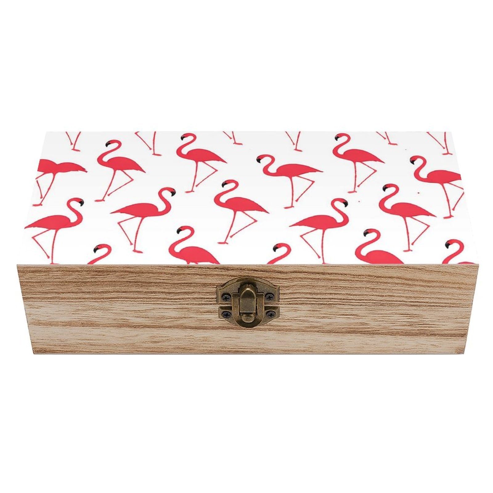 SMAZDFXX Red Flamingo Pattern Wooden Storage Box With Hinged Lid Decorative Front Clasp Keepsake Boxes